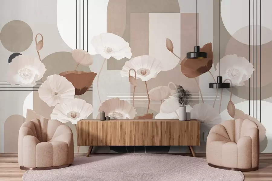 murales de pared Amapolas en colores blanco y beige con formas geométricas en el fondo, círculos y arcos, estilo minimalista, colores suaves w09289