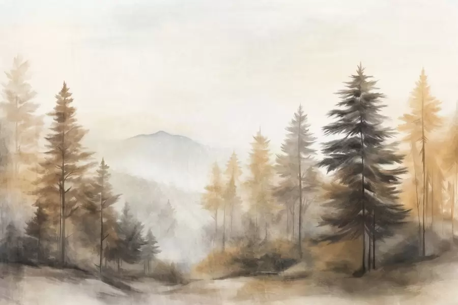murales de pared Bosque otoñal texturizado con altos pinos y montañas al fondo, los colores son apagados y terrosos estilo pintura w09290