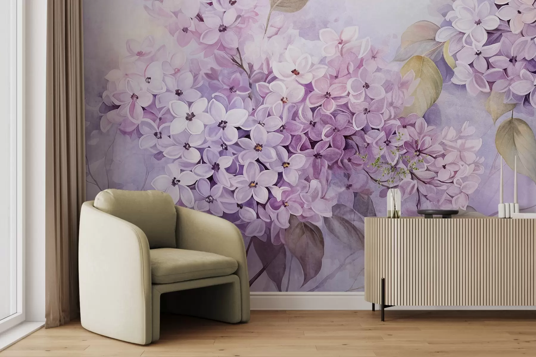 murales de pared Flores de textura lila con pétalos púrpura claro, hojas verde claro, estilo acuarela, colores suaves y pastel, pinceladas delicadas w09291