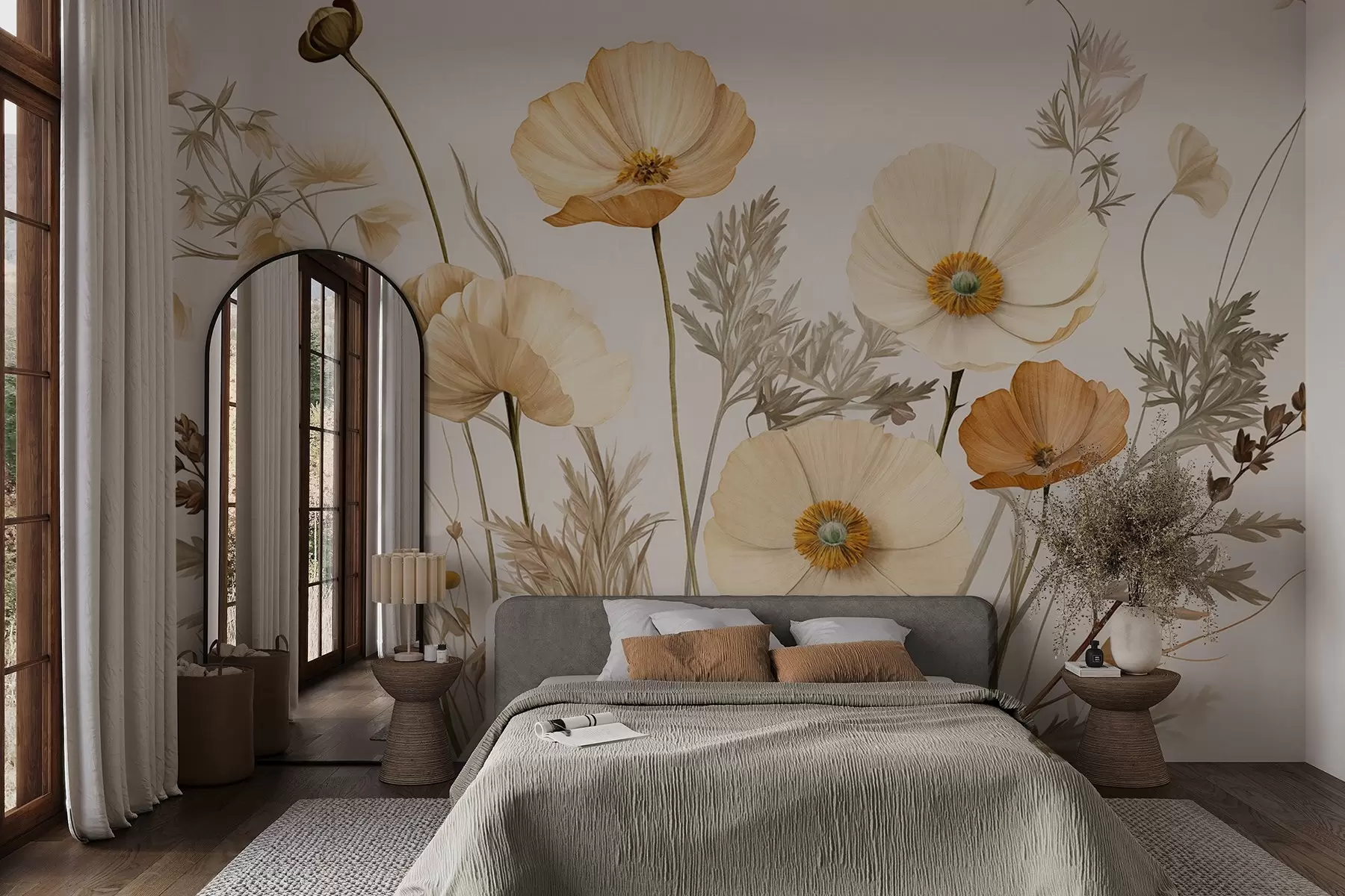 murales de pared Amapolas naranjas y blancas de textura vintage con tallos y hojas finas, fondo beige claro, estilo acuarela w09293