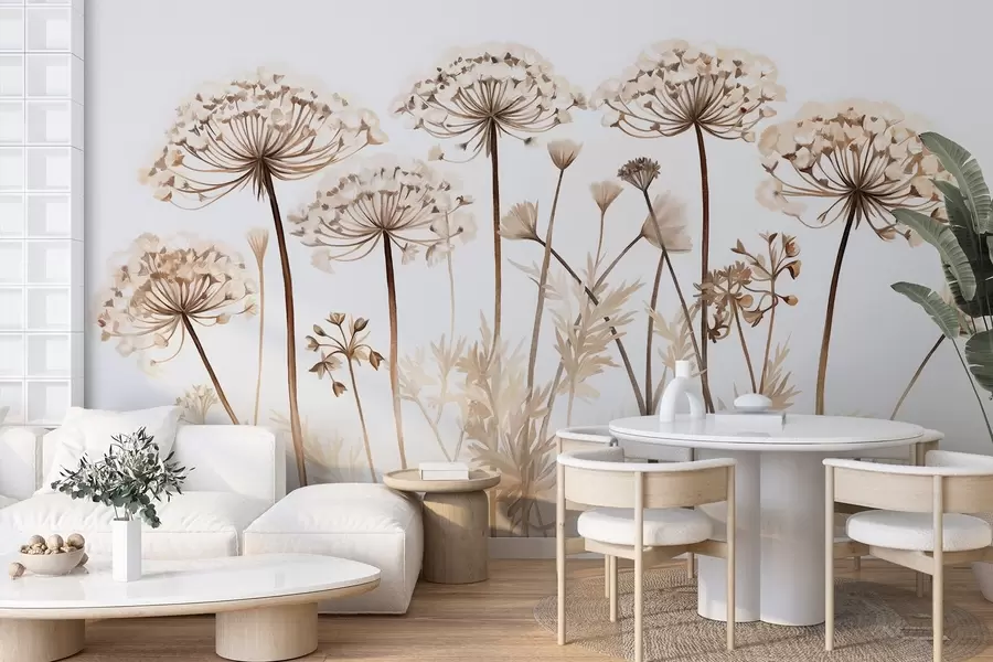 murales de pared Flores de Queen Anne's Lace en un campo, imitación de pintura texturizada, paleta de colores marrón, beige y blanco, ilustración botánica w09294