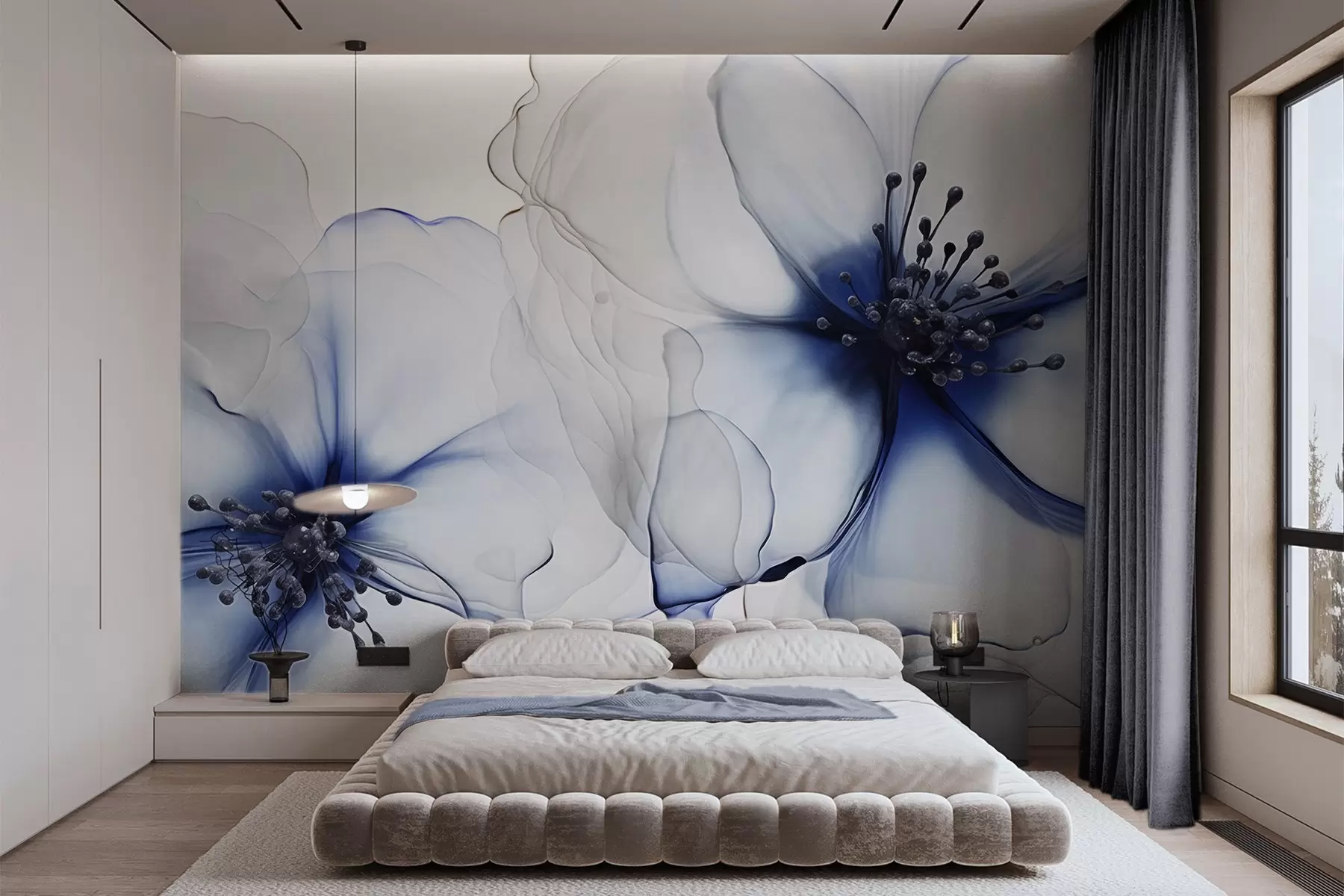 murales de pared Dos flores azules de textura translúcida con estambres visibles, delicados pétalos superpuestos y una suave textura fluida w09295v1