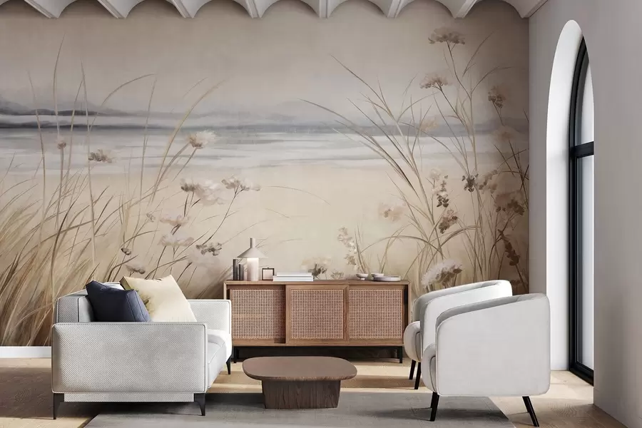 murales de pared Un campo de trigo con flores blancas en primer plano, una playa y el océano al fondo, colores pastel neutros apagados w09298
