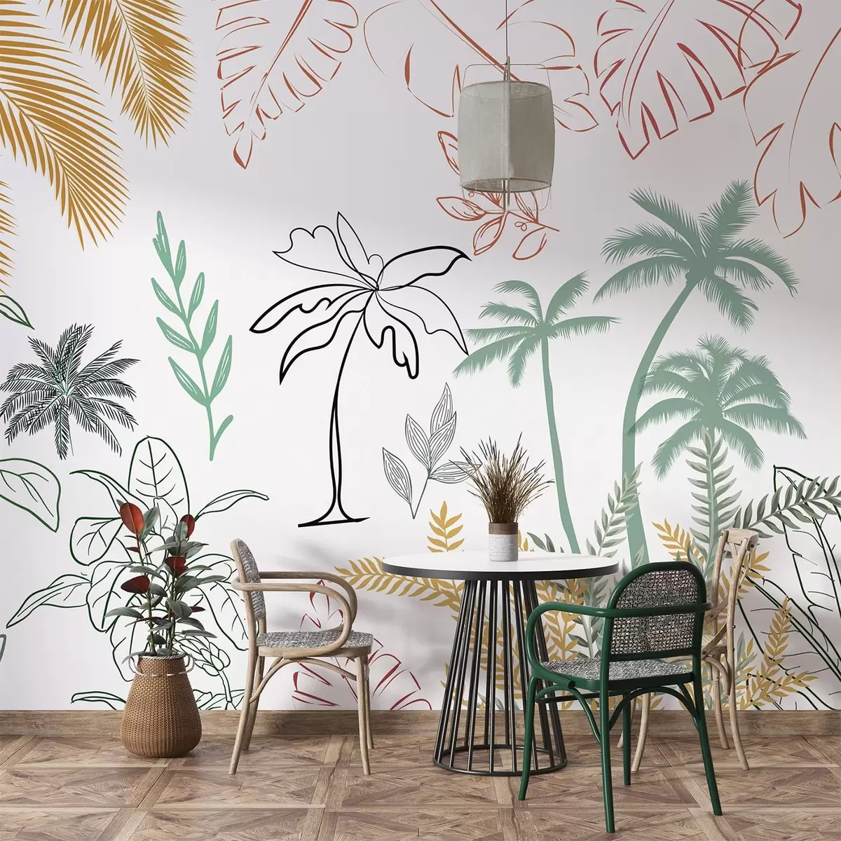 murales de pared Hojas tropicales en estilo gráfico w04332
