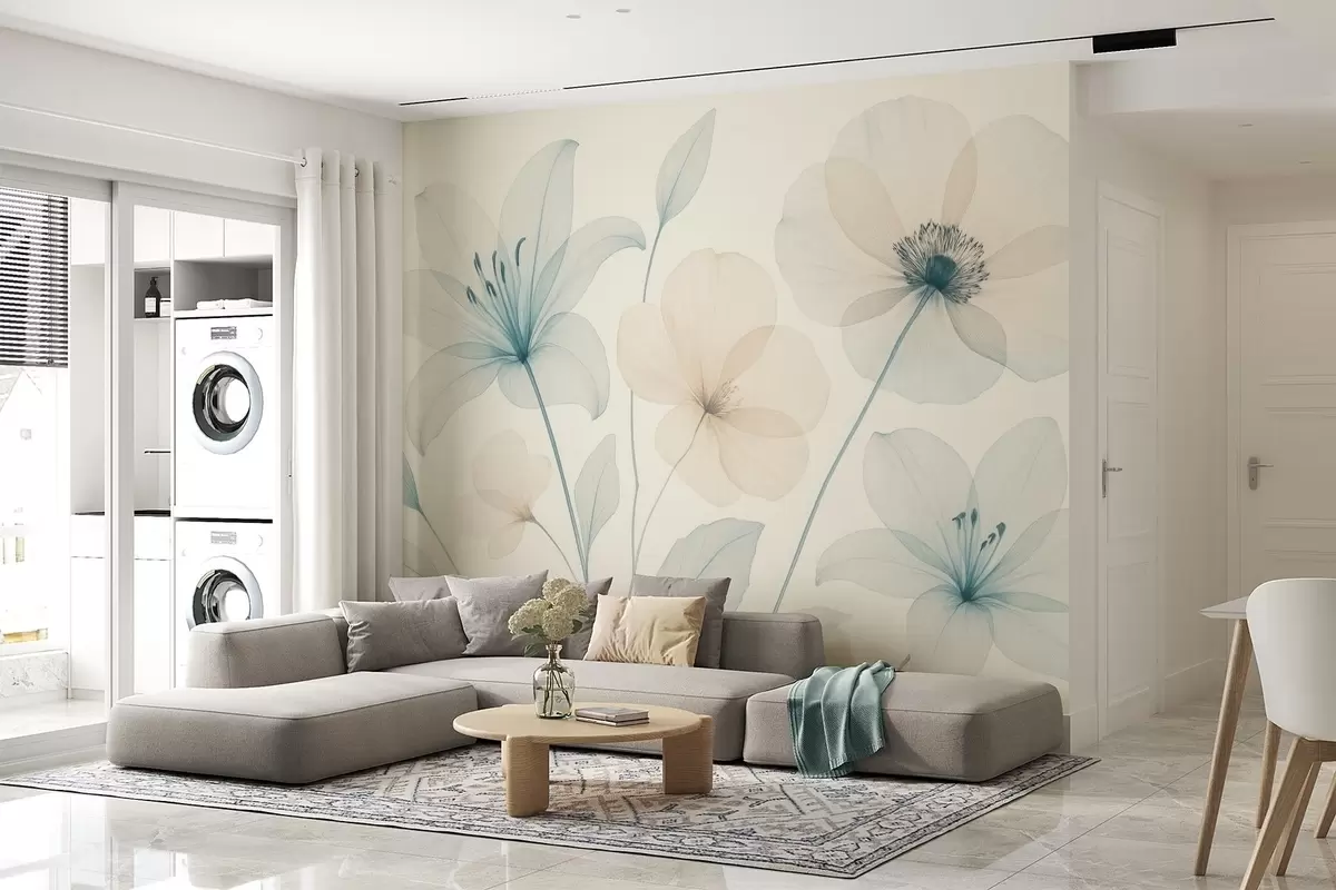 murales de pared Delicadas flores en estilo acuarela azul pastel y crema w09287
