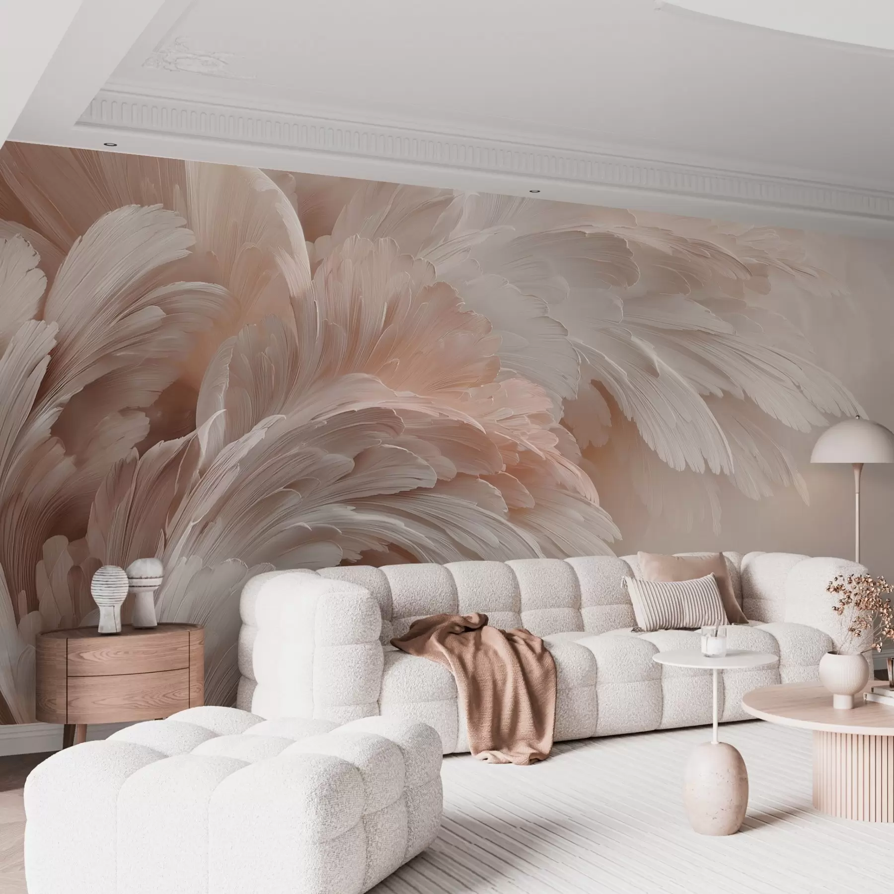 murales de pared Aireadas plumas y pétalos en tonos rosa crema w09301