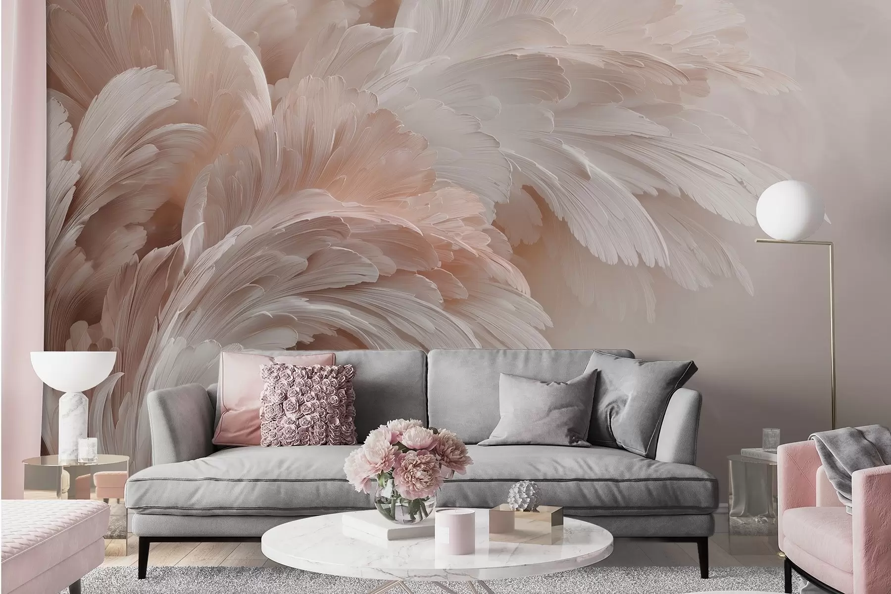 murales de pared Aireadas plumas y pétalos en tonos rosa crema w09301