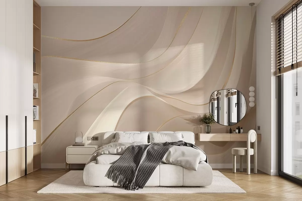 murales de pared Ondas fluidas con toques amarillos en luz cremosa w09303
