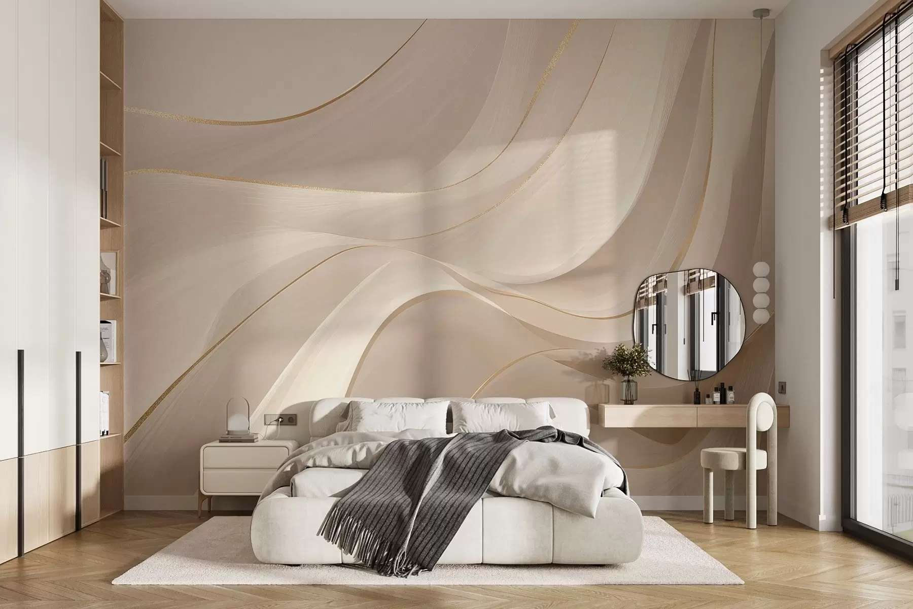murales de pared Ondas fluidas con toques amarillos en luz cremosa w09303