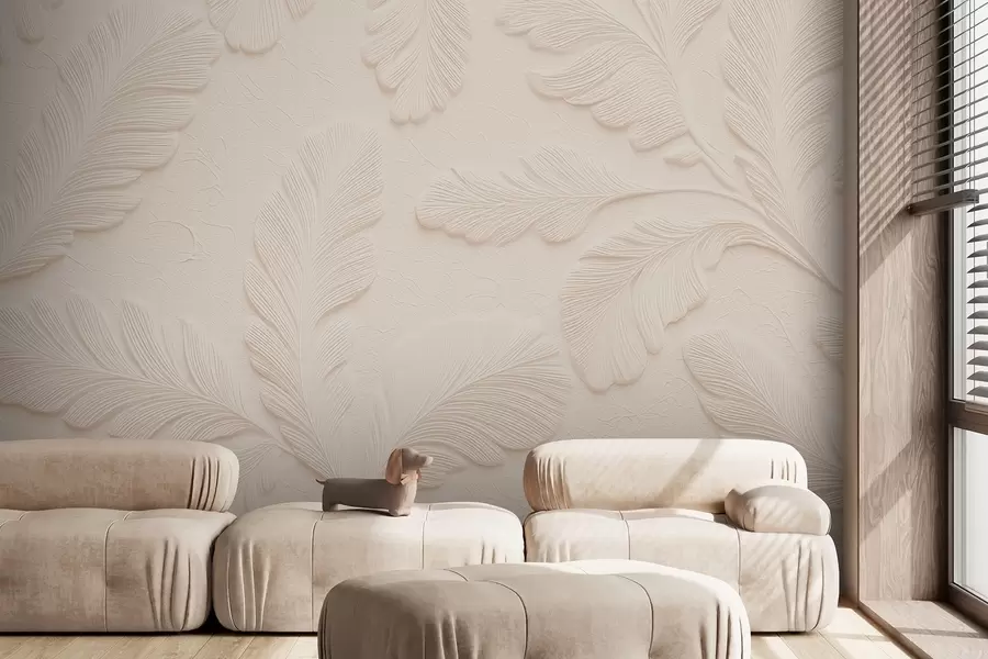 murales de pared Hojas en relieve sobre fondo claro con efecto craquelado w09309