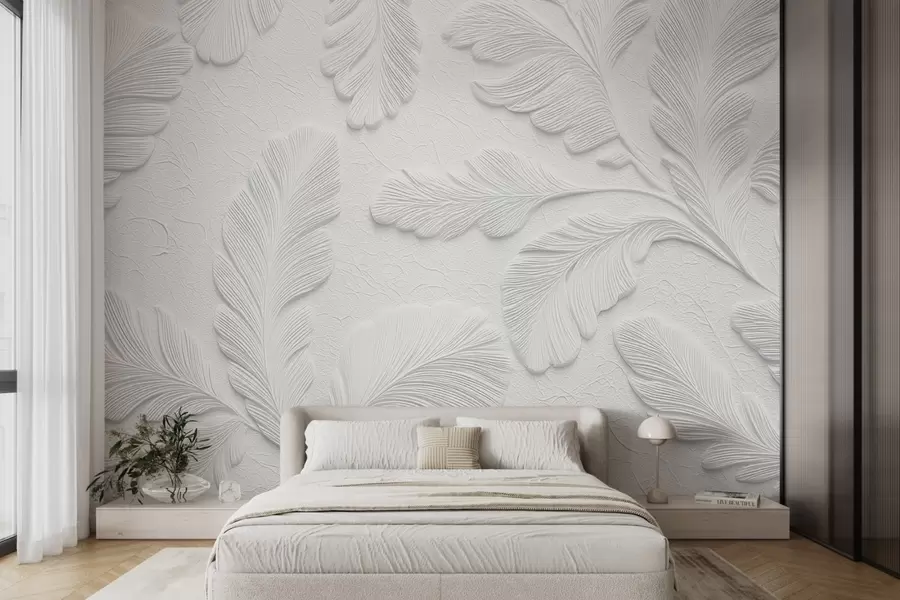 murales de pared Hojas en relieve de color gris con efecto de textura agrietada w09309v1