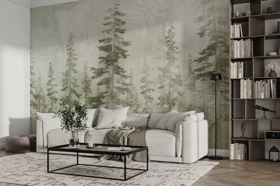 murales de pared Bosque de pinos con textura de papel vintage y finos motivos w04342