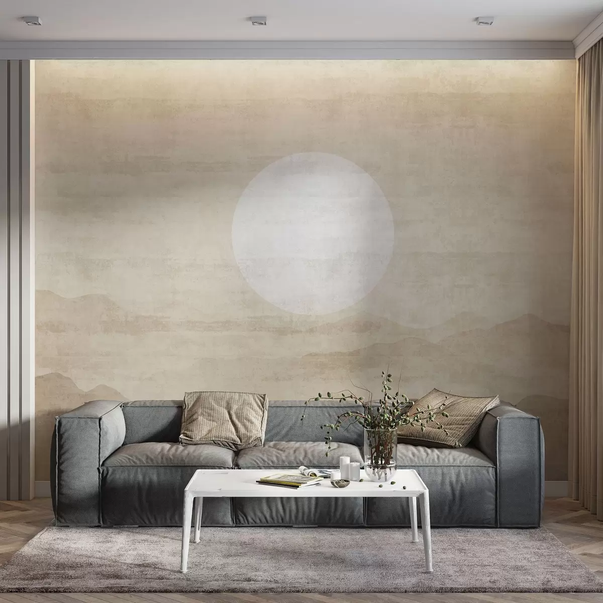 murales de pared Paisaje minimalista de montaña con un gran sol blanco w04345