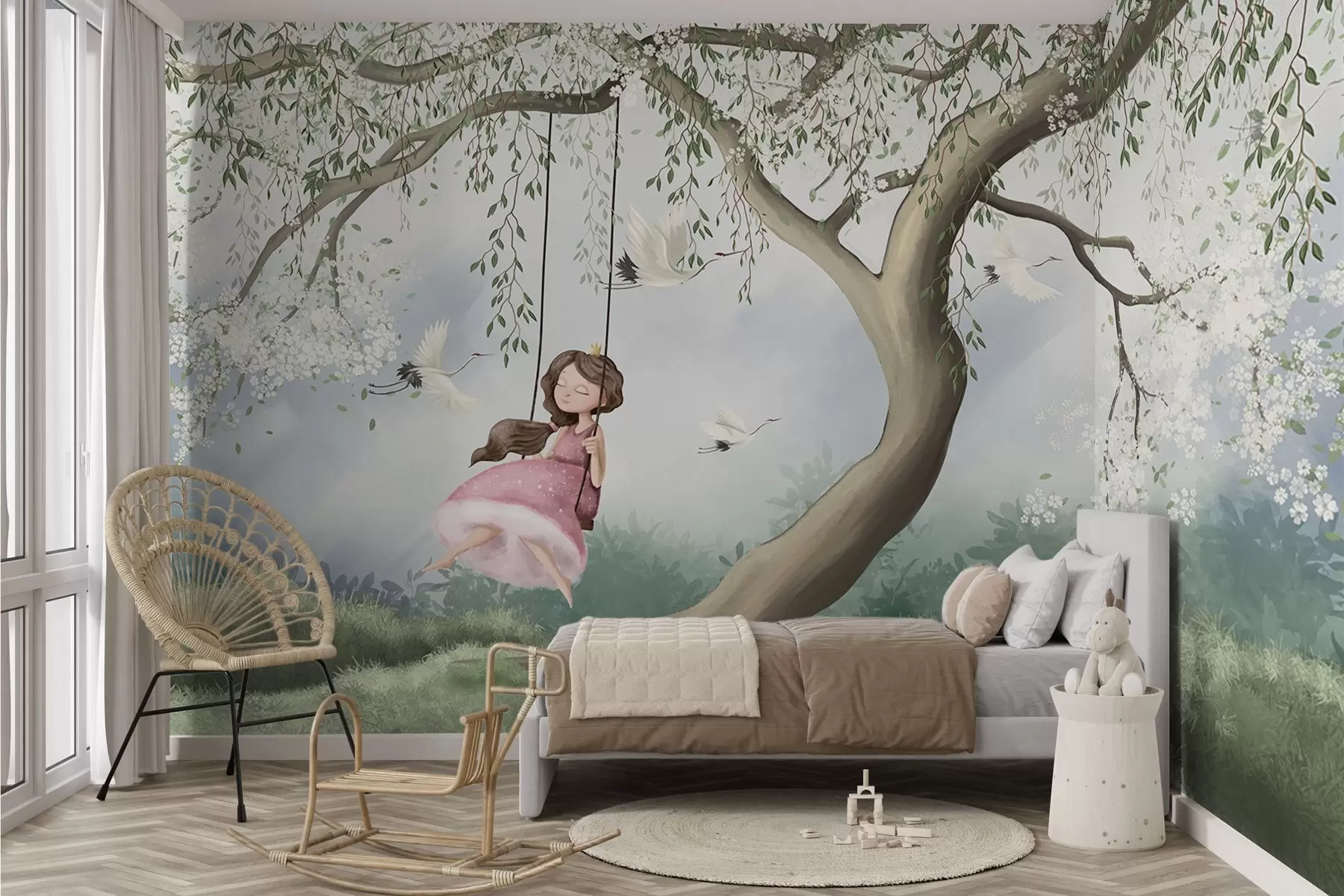 murales de pared Niña en columpio bajo árbol en flor con pájaros volando alrededor w04370