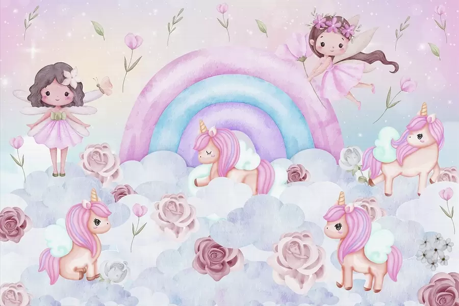 murales de pared Hadas y unicornios entre nubes y arco iris w04371