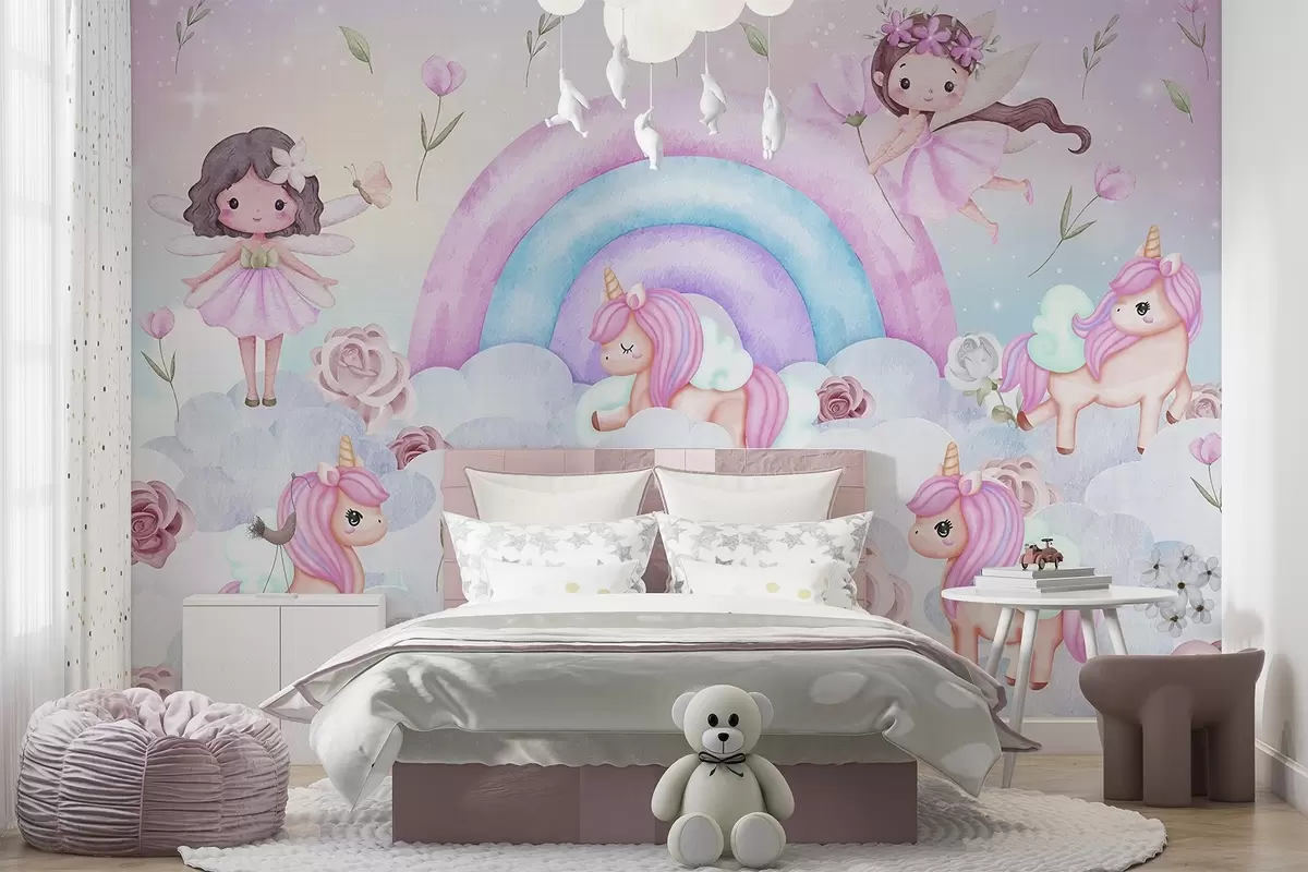 murales de pared Hadas y unicornios entre nubes y arco iris w04371