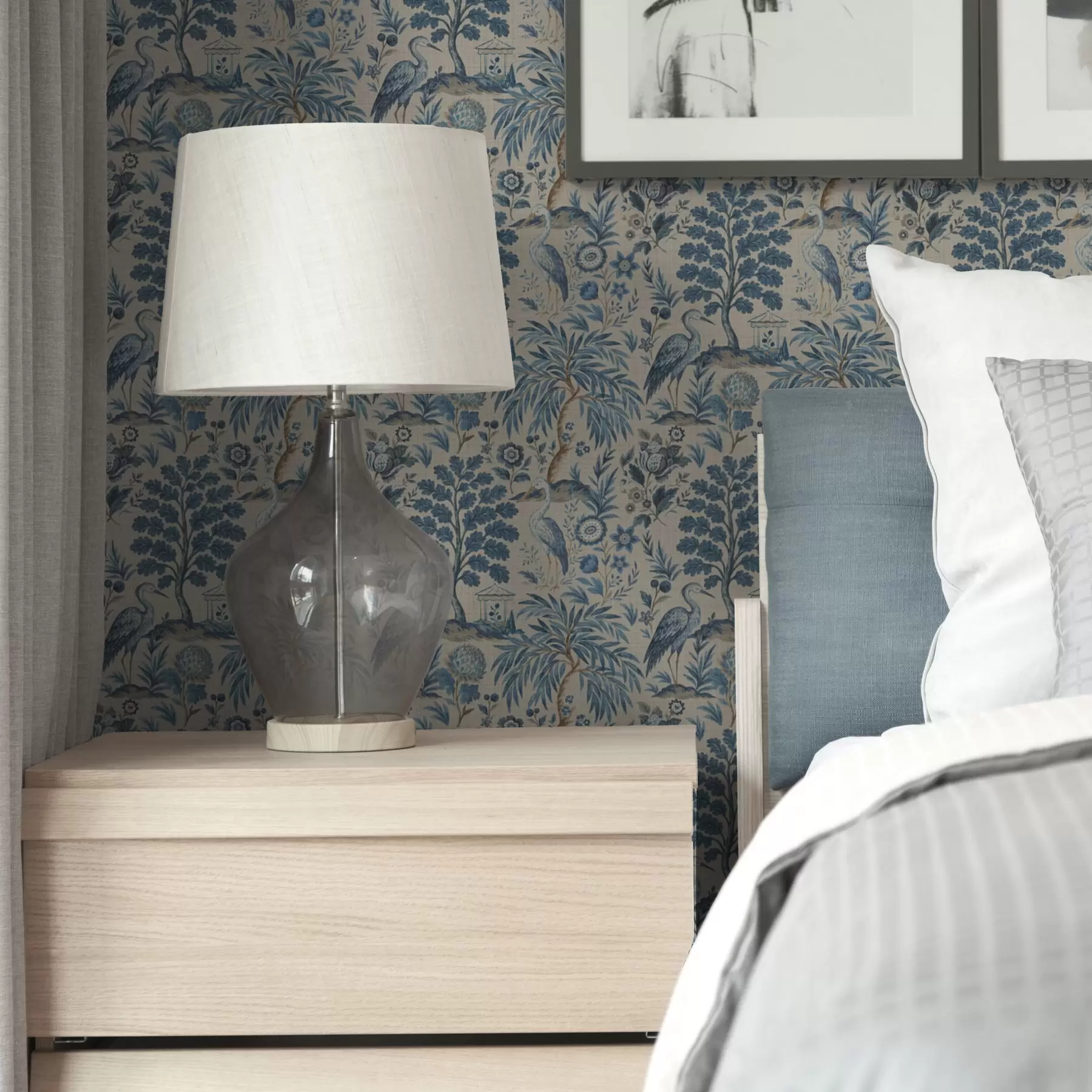 murales de pared Toile de Jouy con pájaros azules y árboles tropicales a00382