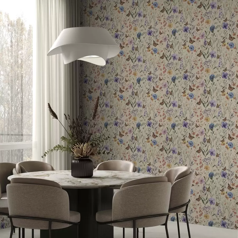 murales de pared Flores silvestres y mariposas en suave acuarela a00389