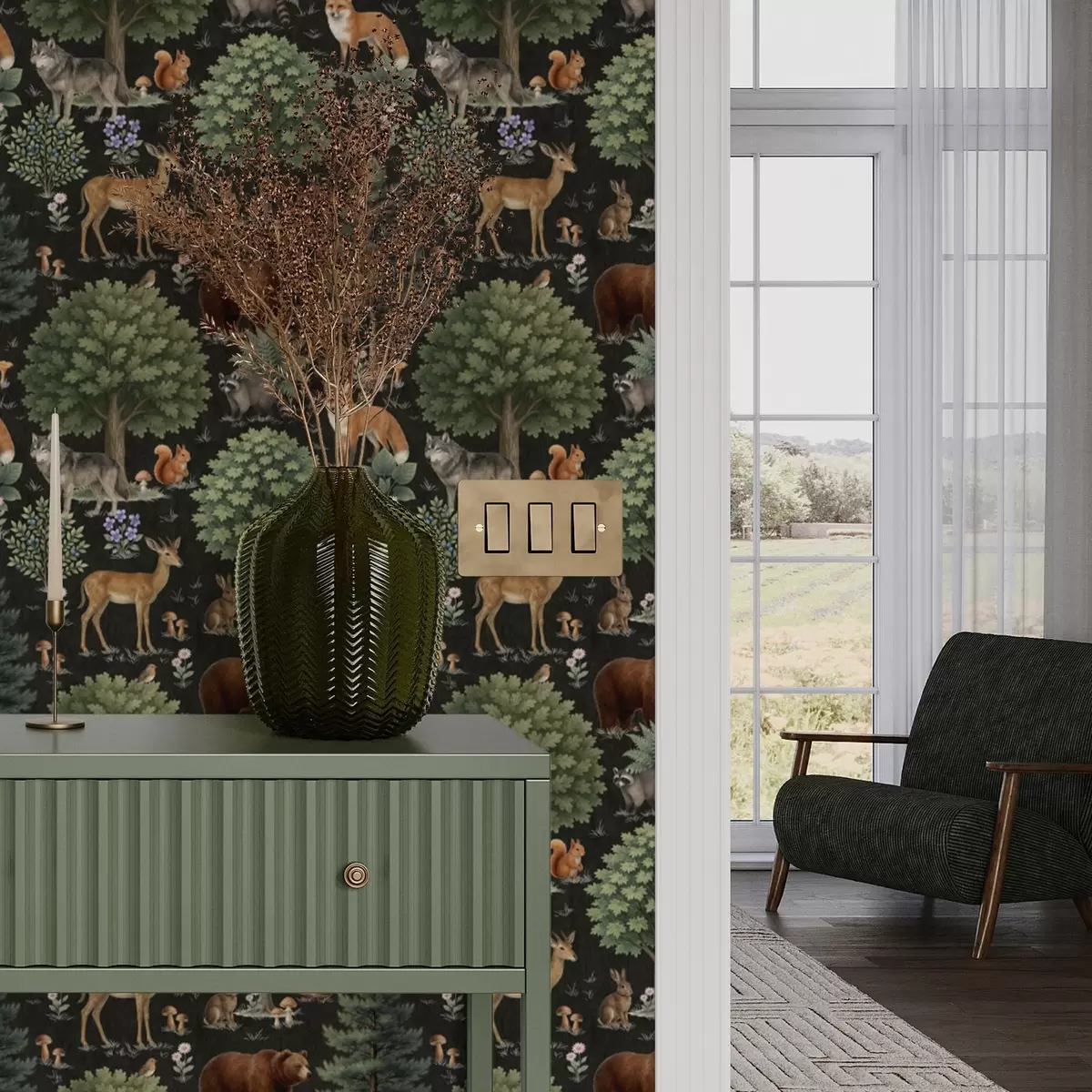 Papel pintado Animales del bosque en acuarela con árboles y setas a00391