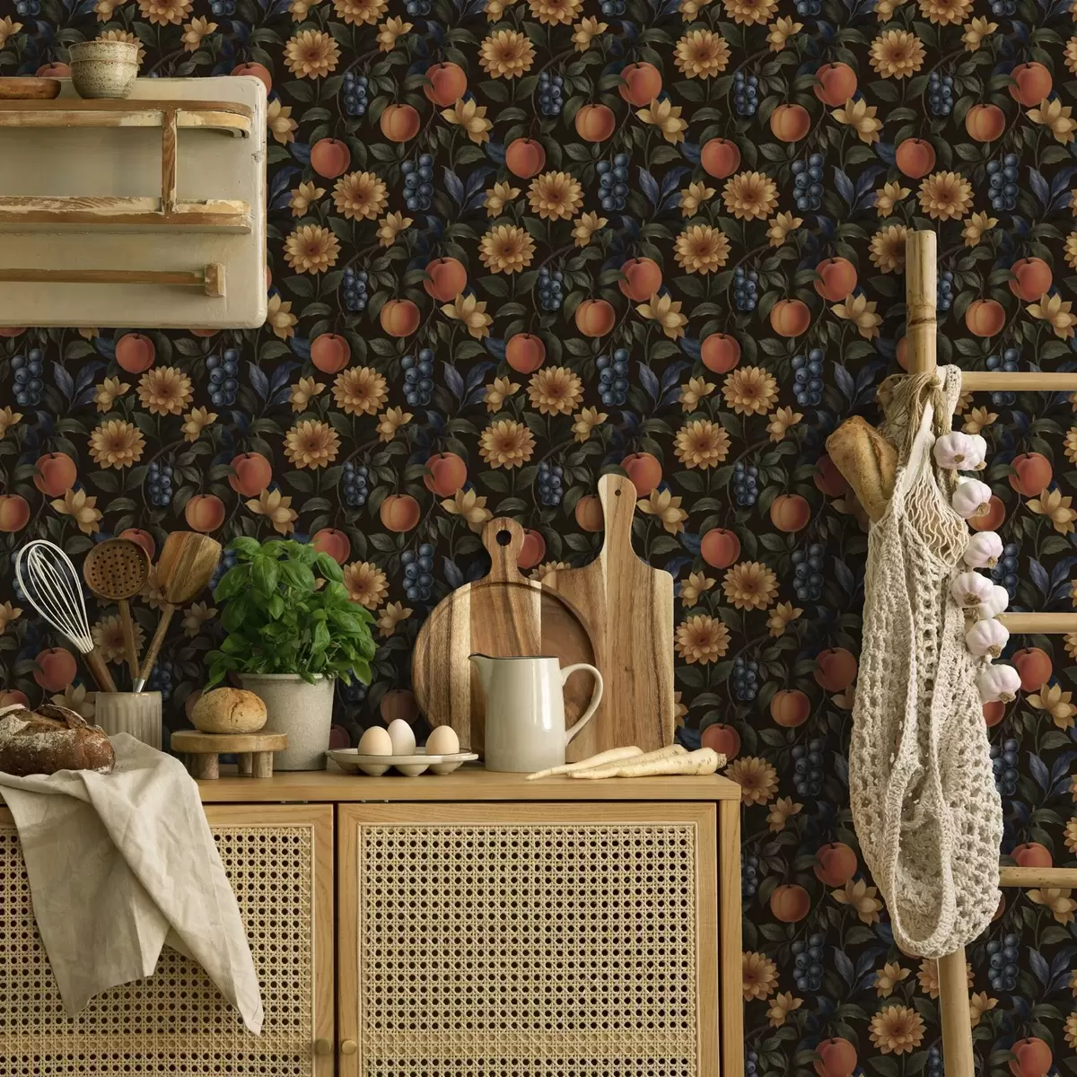 Papel pintado Frutas y flores amarillas sobre fondo botánico oscuro a00395