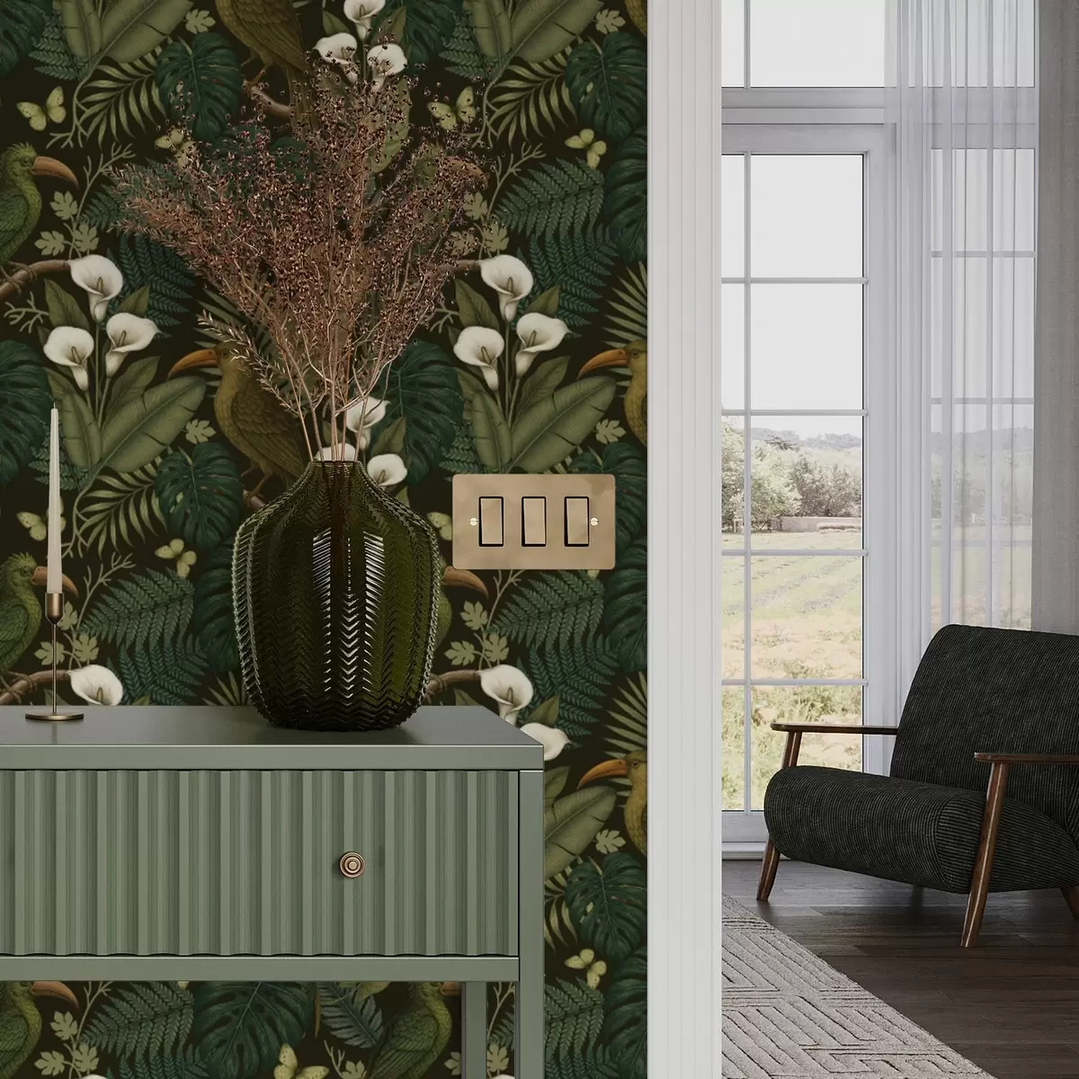 Papel pintado Aves tropicales y exuberante vegetación sobre fondo oscuro de selva a00397