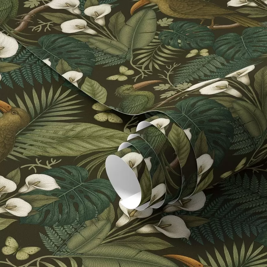 murales de pared Aves tropicales y exuberante vegetación sobre fondo oscuro de selva a00397