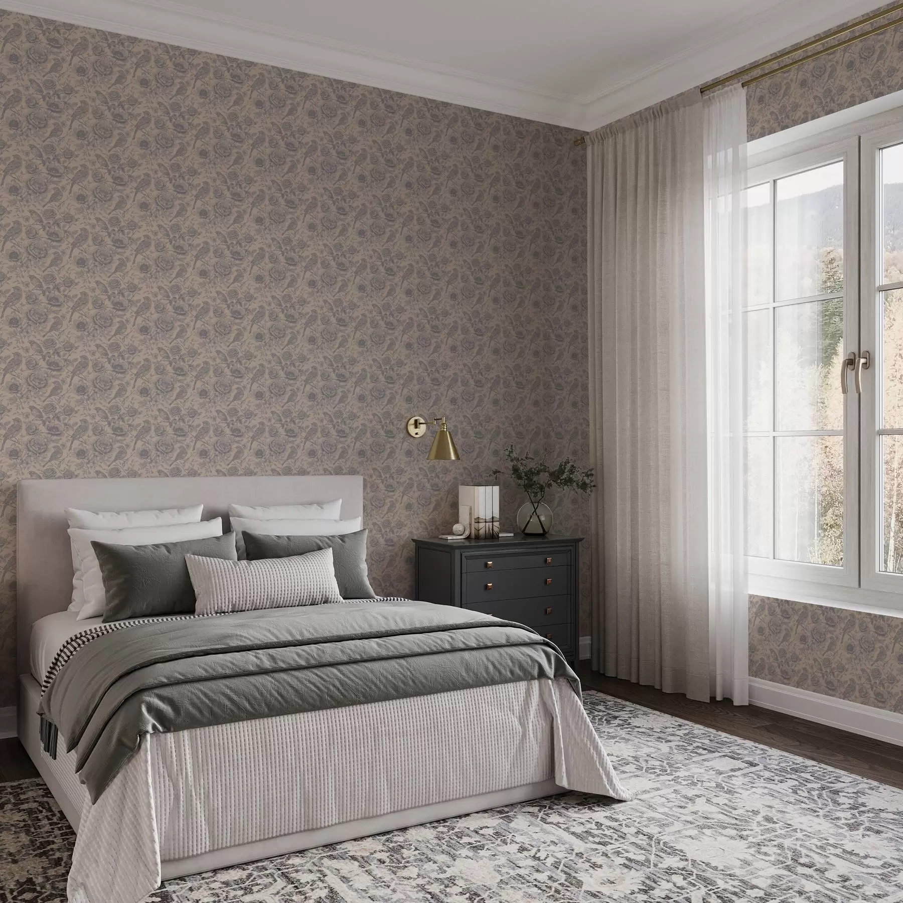 murales de pared Pájaros y flores vintage sobre fondo beige suave a00423