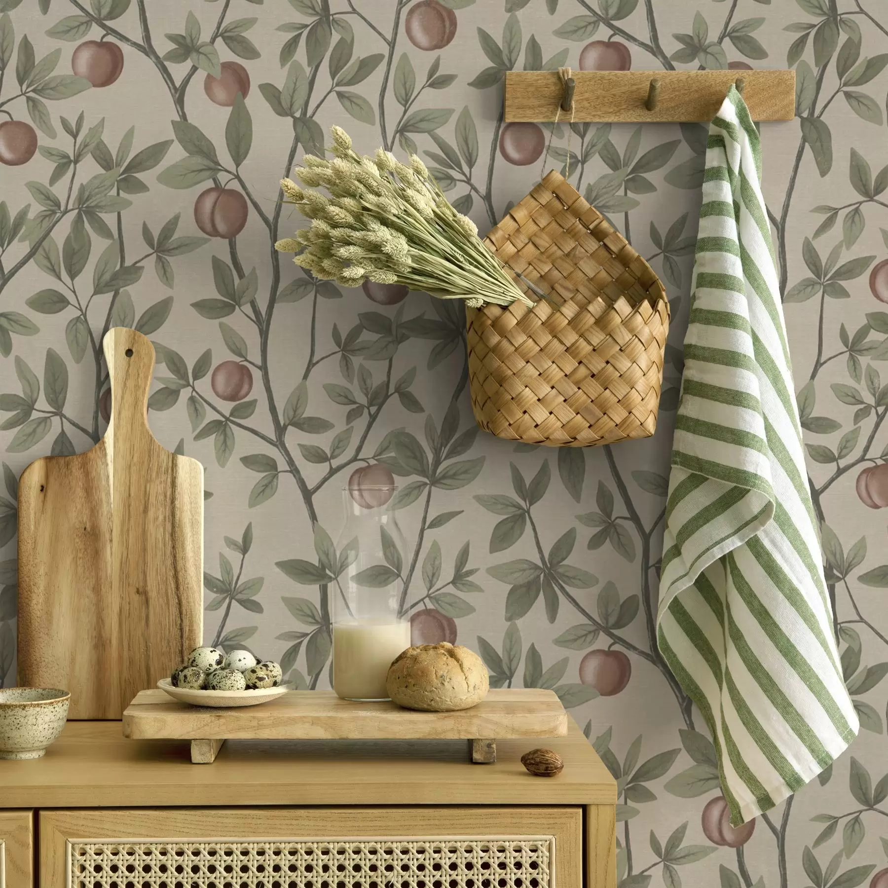murales de pared Melocotones en ramas con hojas verdes sobre fondo beige a00429