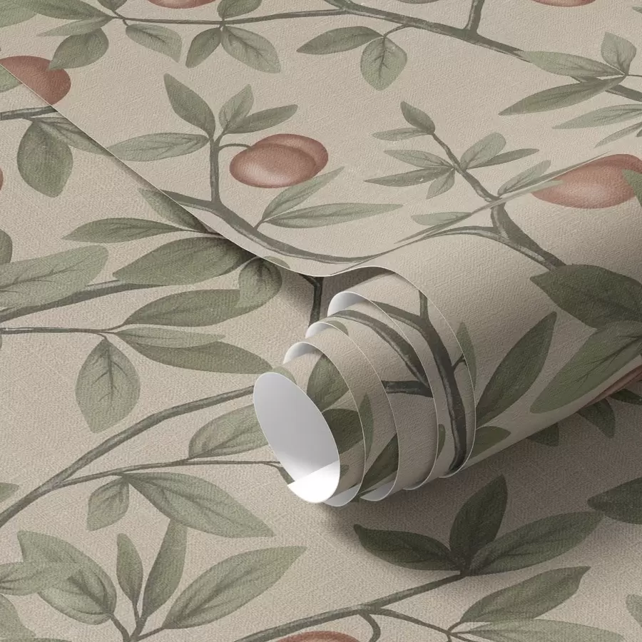 murales de pared Melocotones en ramas con hojas verdes sobre fondo beige a00429