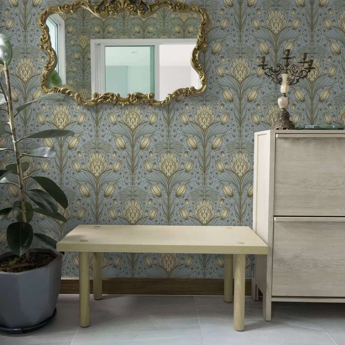 Papel pintado Estampado azul con alcachofas y tulipanes a00435