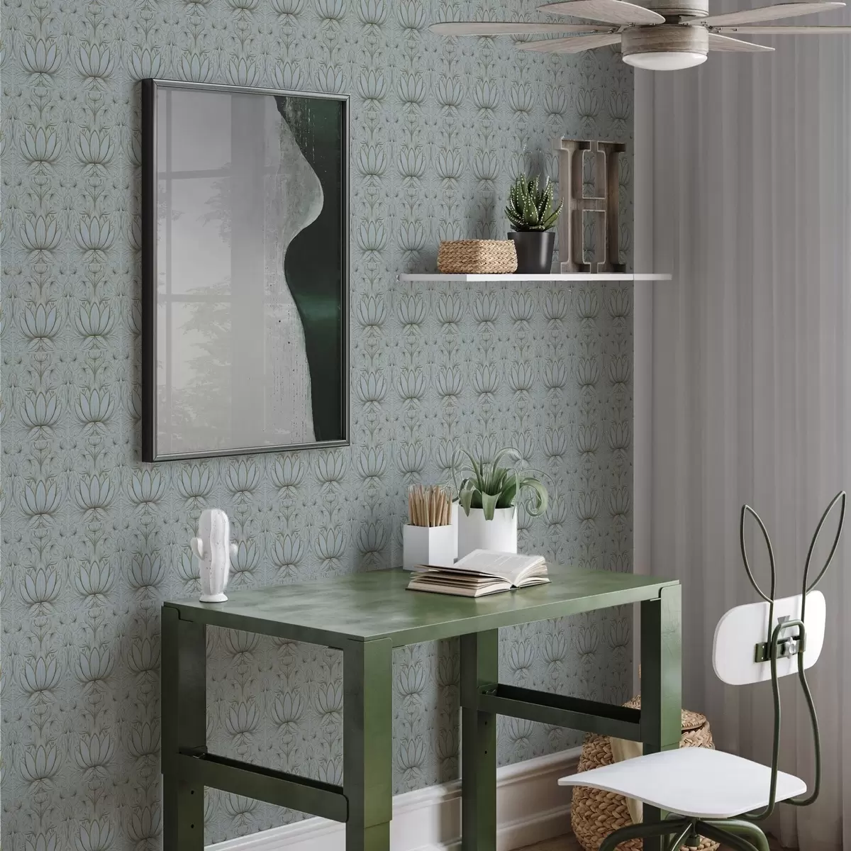 Papel pintado Adorno de loto en tonos turquesa y amarillo a00439