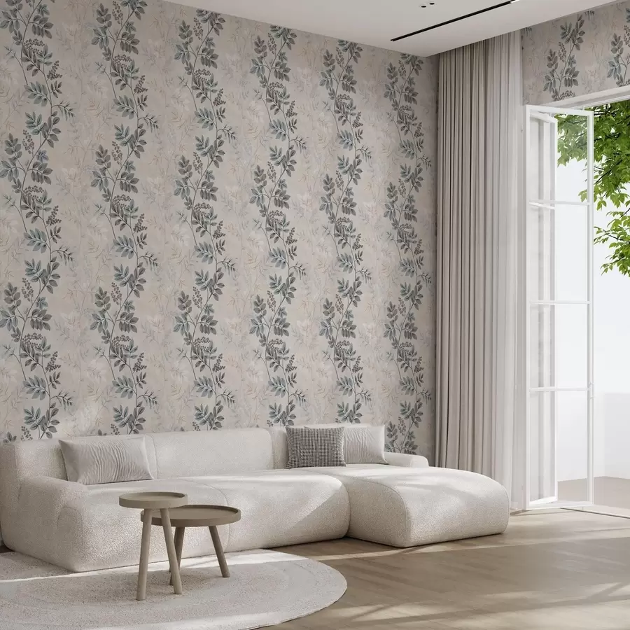 murales de pared Ramas de bayas en tonos pastel con hojas azul grisáceo a00443