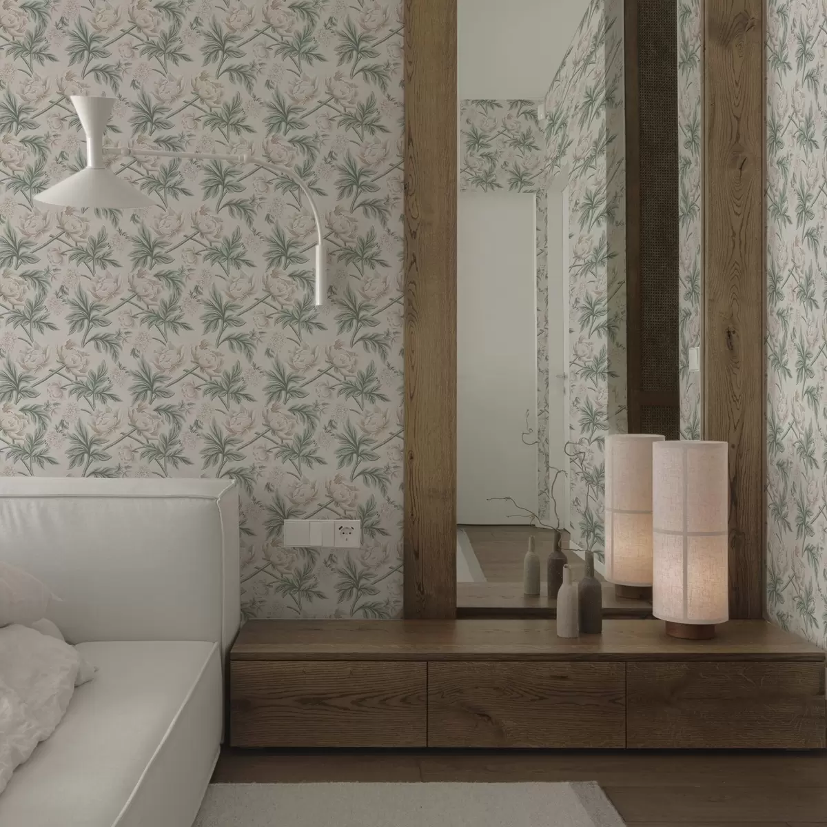 Papel pintado Exuberantes peonías en beige claro y verde beige y verde a00445