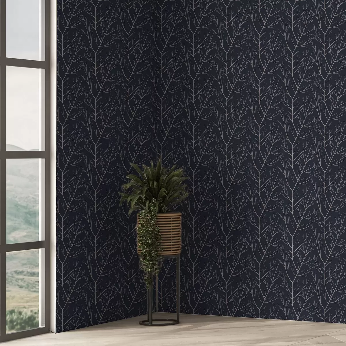 Papel pintado Suaves ramas rojas sobre un fondo azul marino intenso a00451