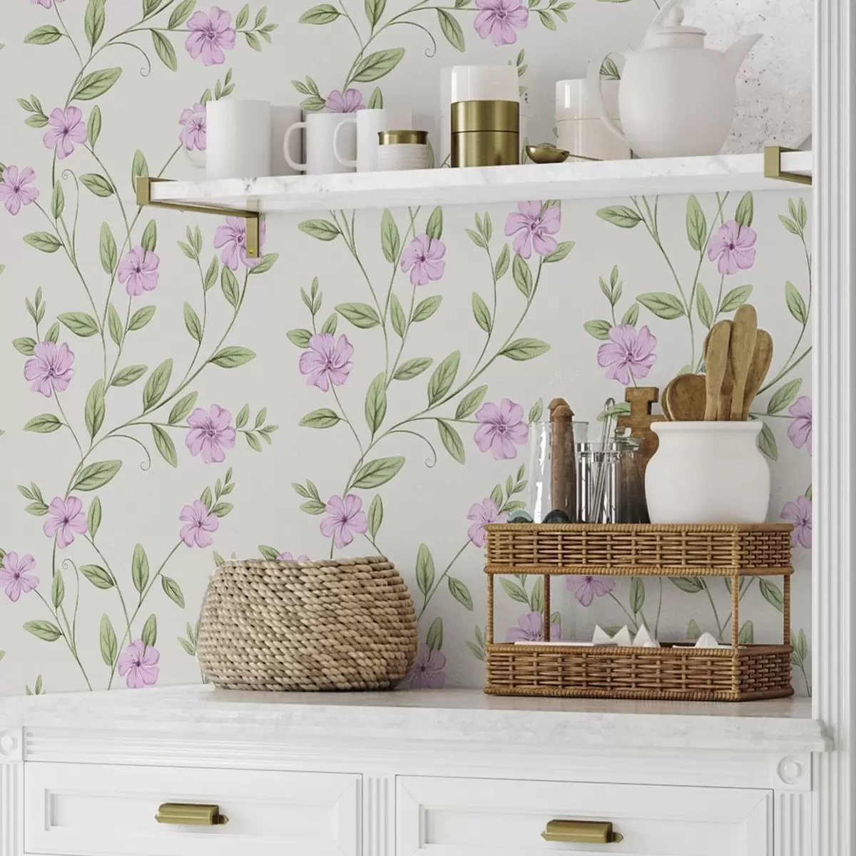 Papel pintado Flores rosas con enredaderas verdes sobre fondo crema a00453