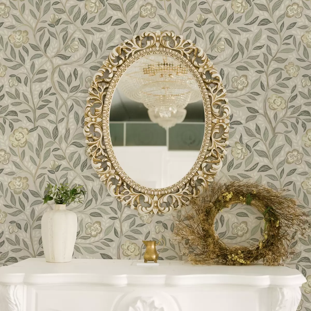 Papel pintado Rosas crema y hojas de olivo sobre fondo rosa empolvado a00455