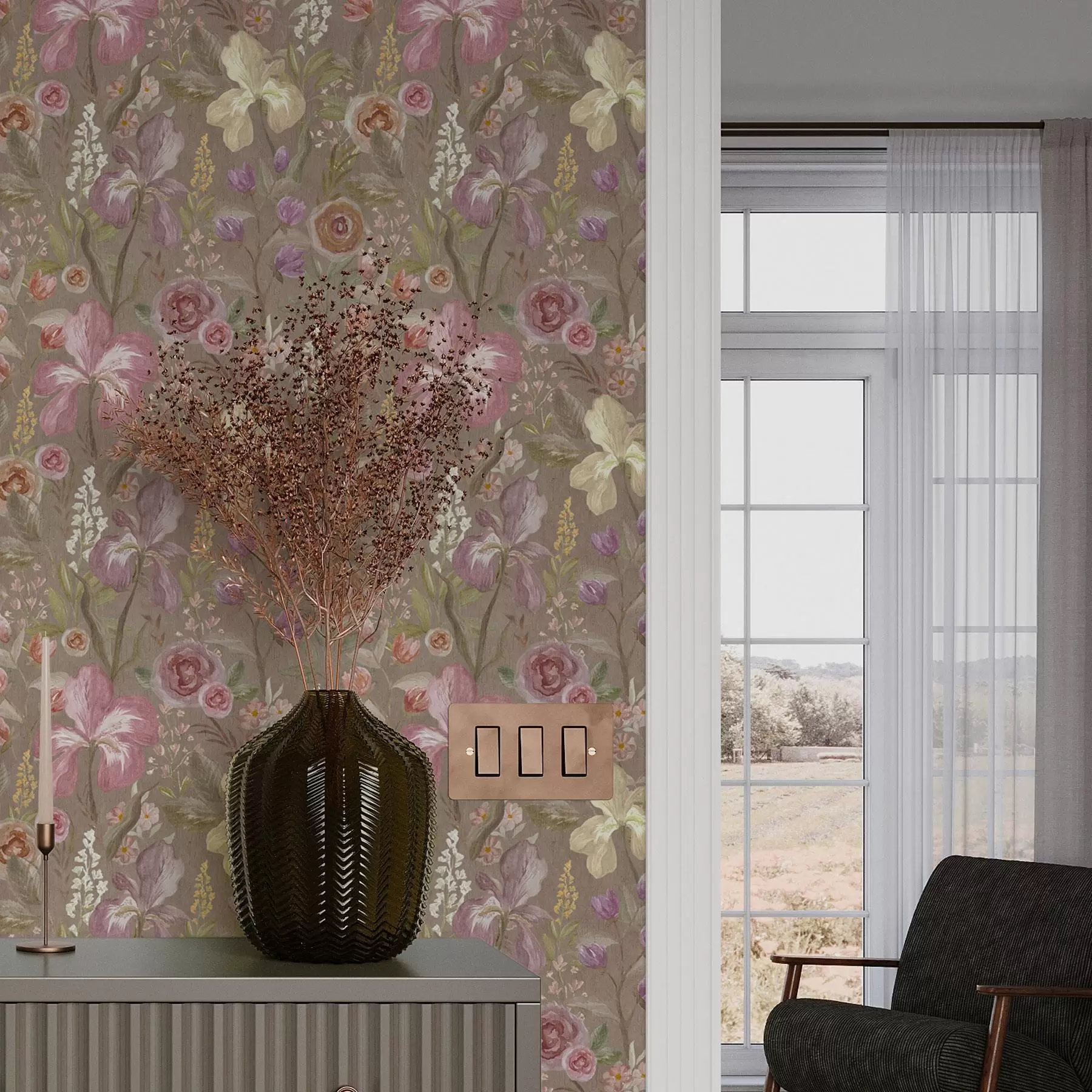 murales de pared Vintage rosa iris patrón de flores sobre fondo beige con textura a00457
