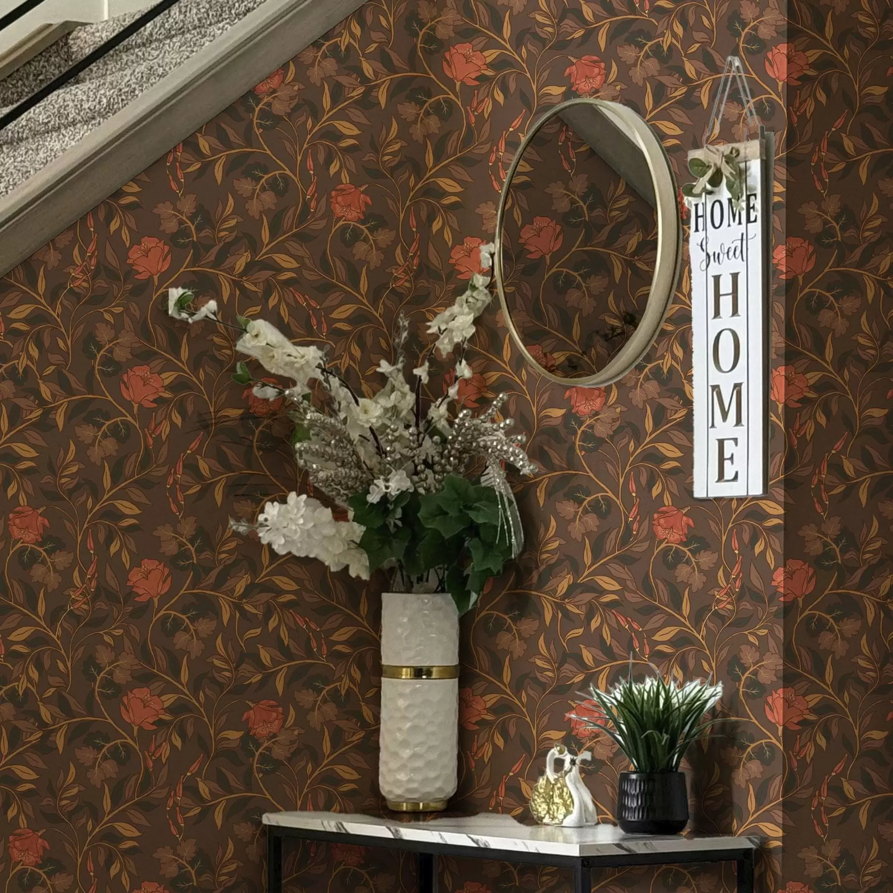 murales de pared Ramas de terracota en flor sobre fondo marrón a00460