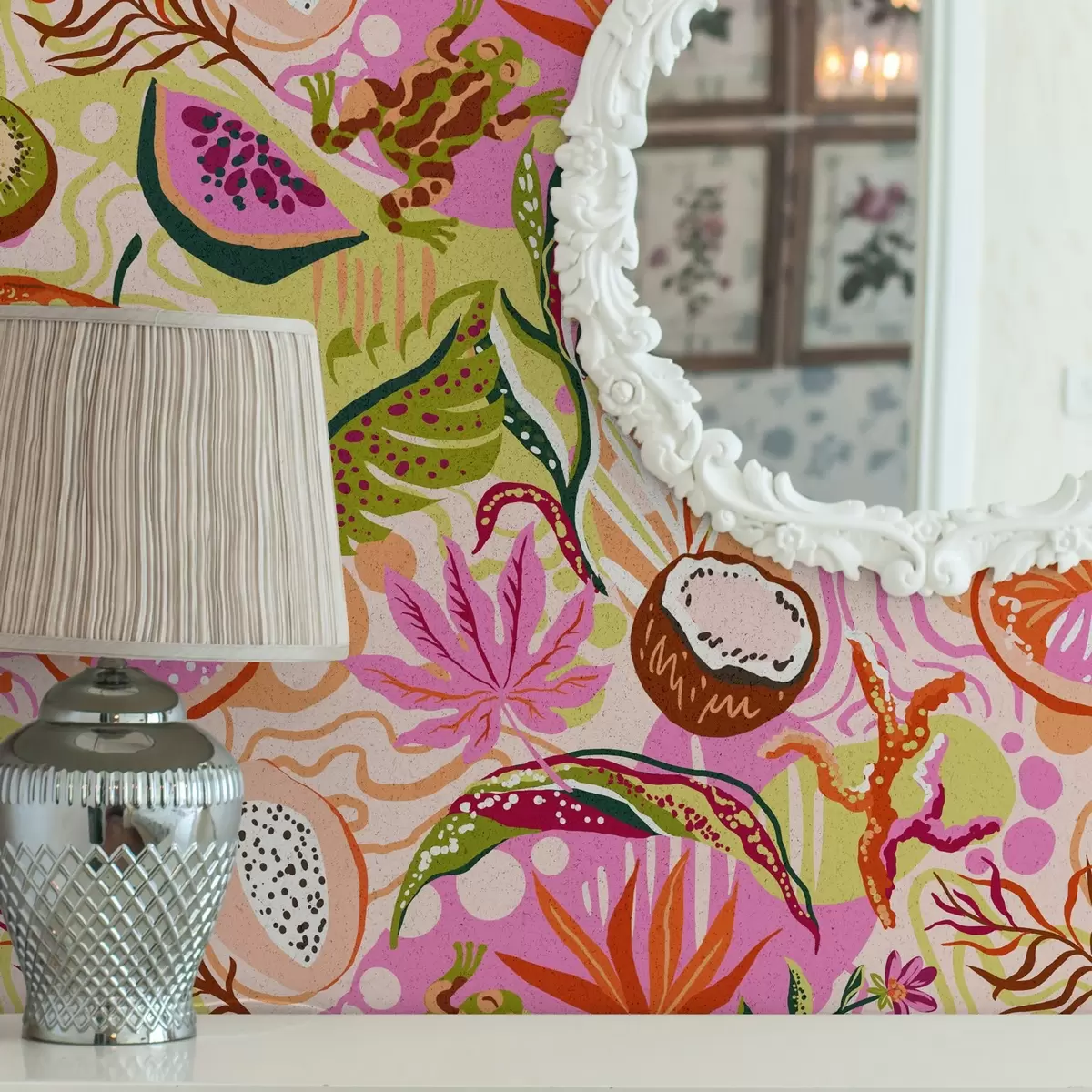 Papel pintado Frutas exóticas, hojas y camaleones de estilo tropical a00469