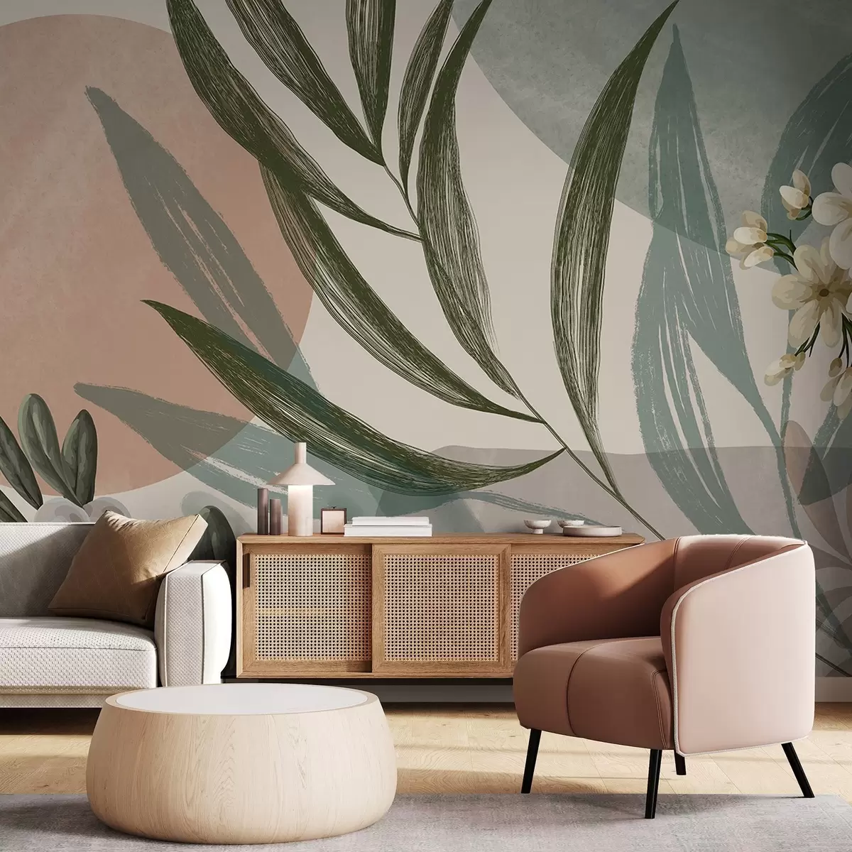 murales de pared Arte botánico abstracto con hojas de palmera verdes y bayas blancas, sobre un fondo de formas en tonos tierra apagados w09312