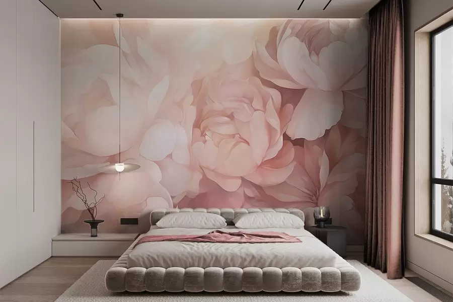 murales de pared Peonías de color rosa pastel claro con delicados pétalos suaves y texturizados, dispuestos muy juntos, creando un denso arte floral, iluminación suave w09319