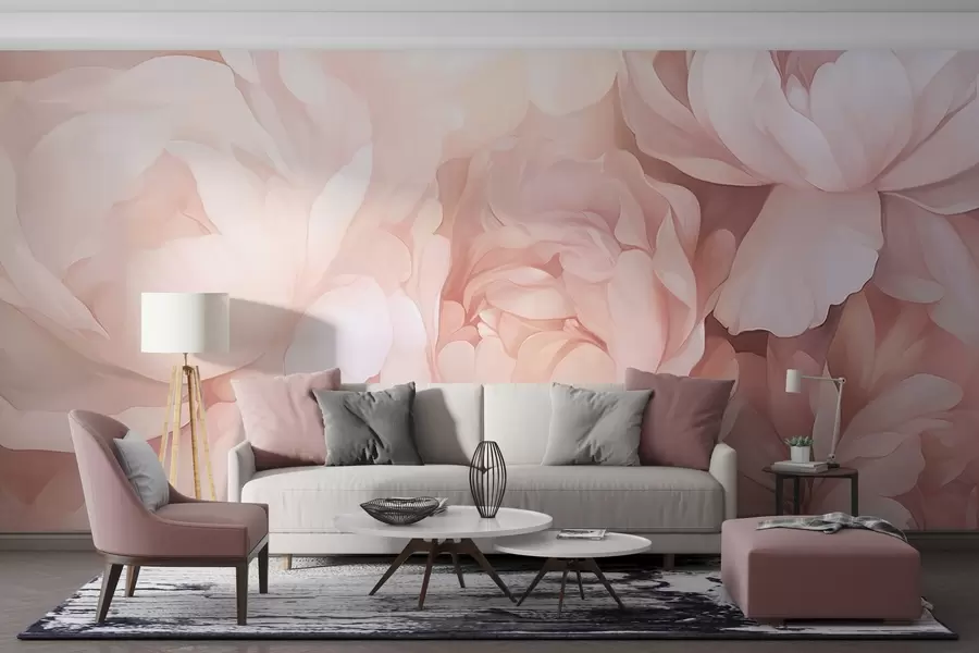 murales de pared Peonías de color rosa pastel claro con delicados pétalos suaves y texturizados, dispuestos muy juntos, creando un denso arte floral, iluminación suave w09319