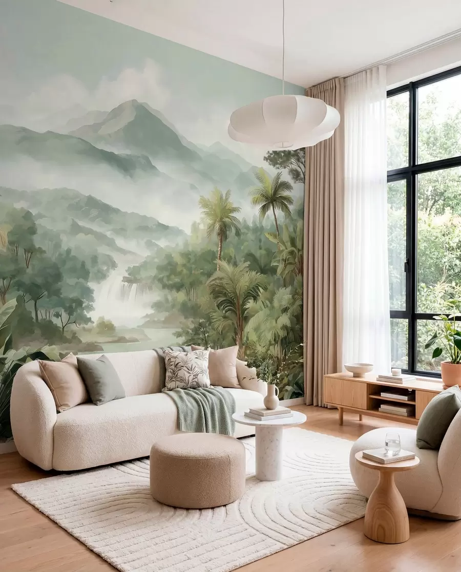 murales de pared selva tropical con cascada w04306