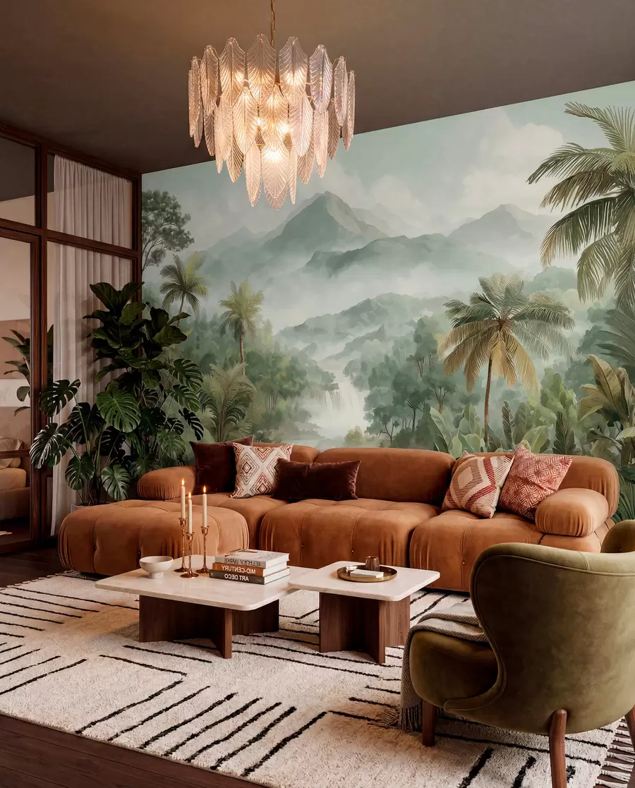 murales de pared selva tropical con cascada w04306