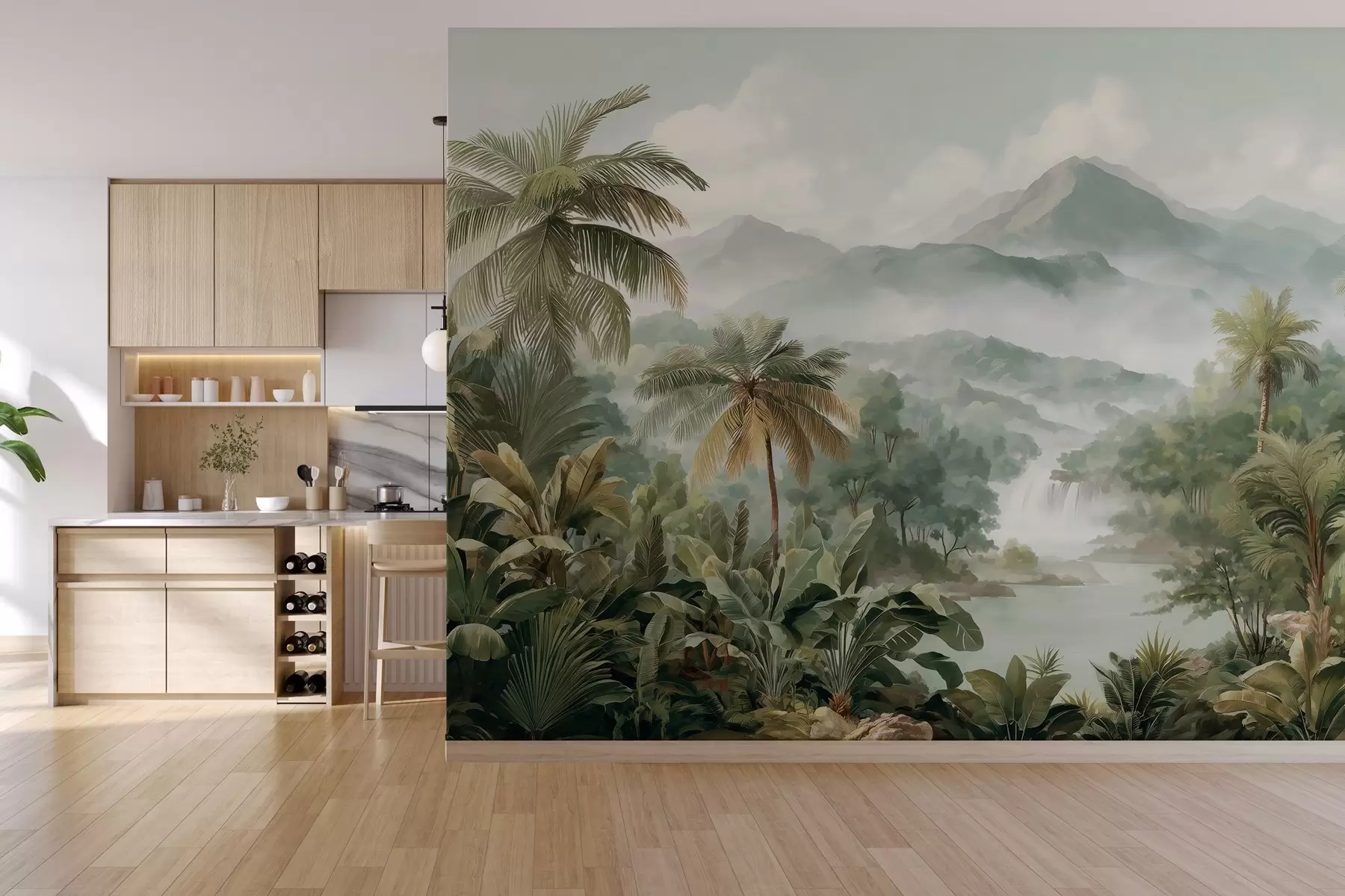 murales de pared selva tropical con cascada w04306