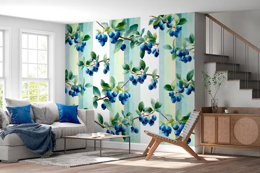 murales de pared racimos de arándanos sobre fondo rayado w04307