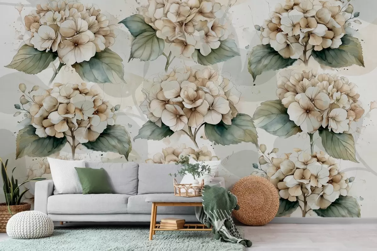 murales de pared hortensias grandes en estilo acuarela w04312