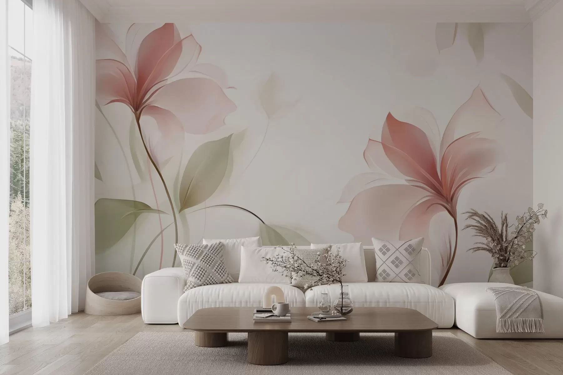 murales de pared Flores transparentes en delicados tonos rosa y pastel w04397v2