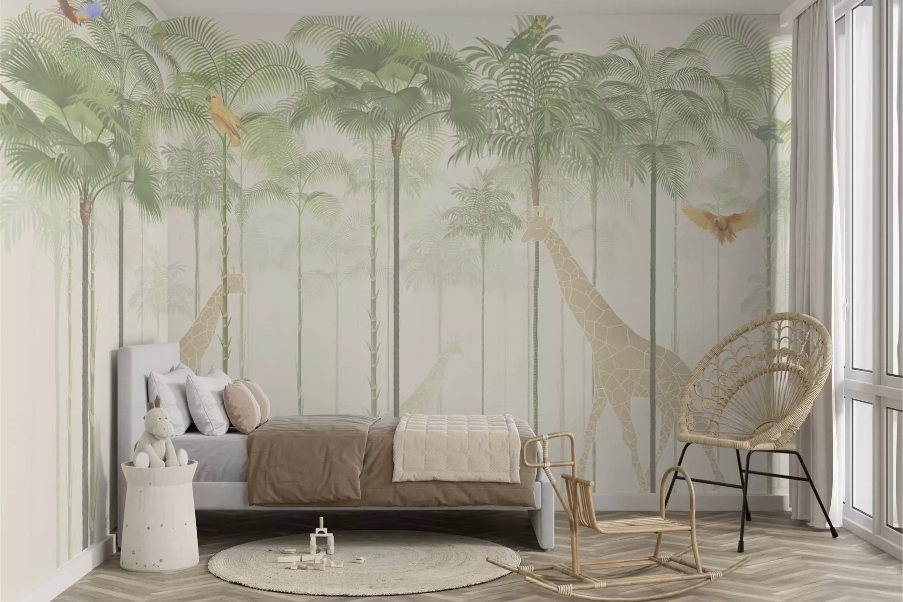murales de pared Jirafas y aves tropicales entre altas palmeras w04400