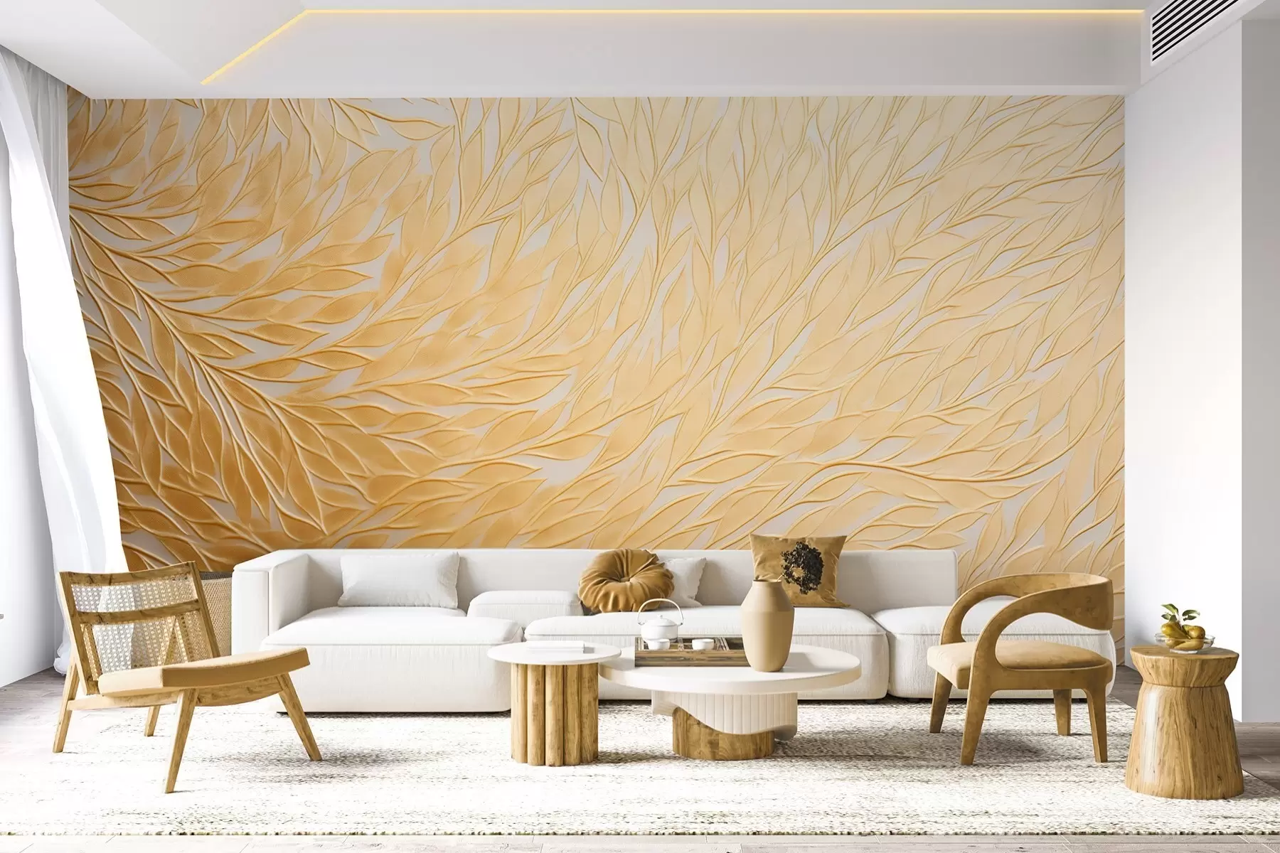 murales de pared Motivo de hojas en relieve en cálidos tonos amarillo miel w09325